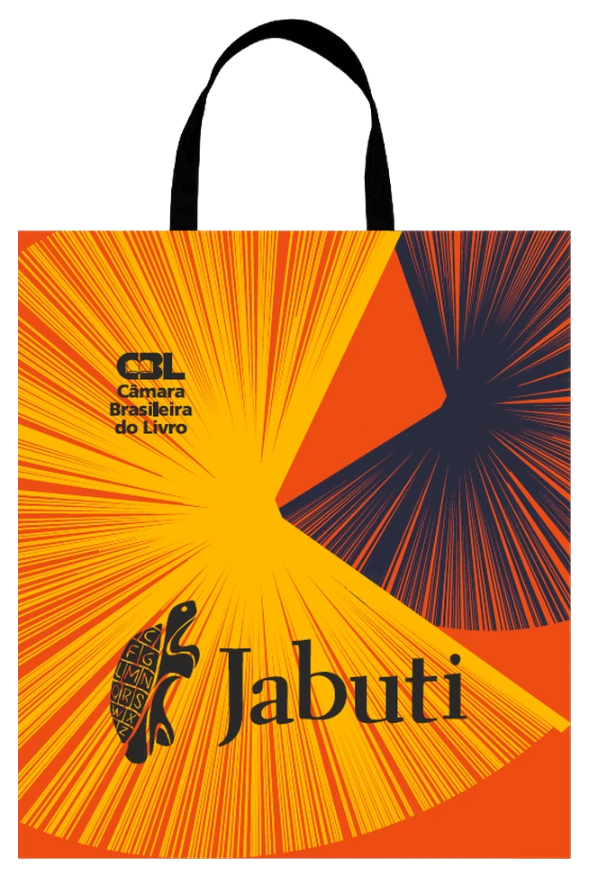 Sacola do Prêmio Jabuti — leque amarelo sobre laranja