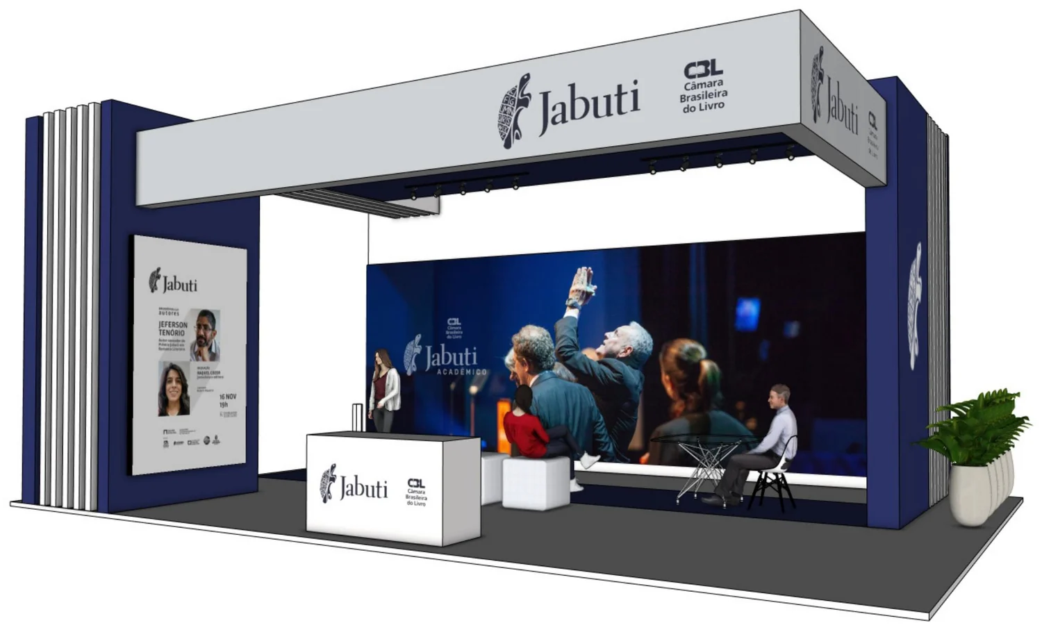 Perspectiva do stand com testeira, telão e área de estar