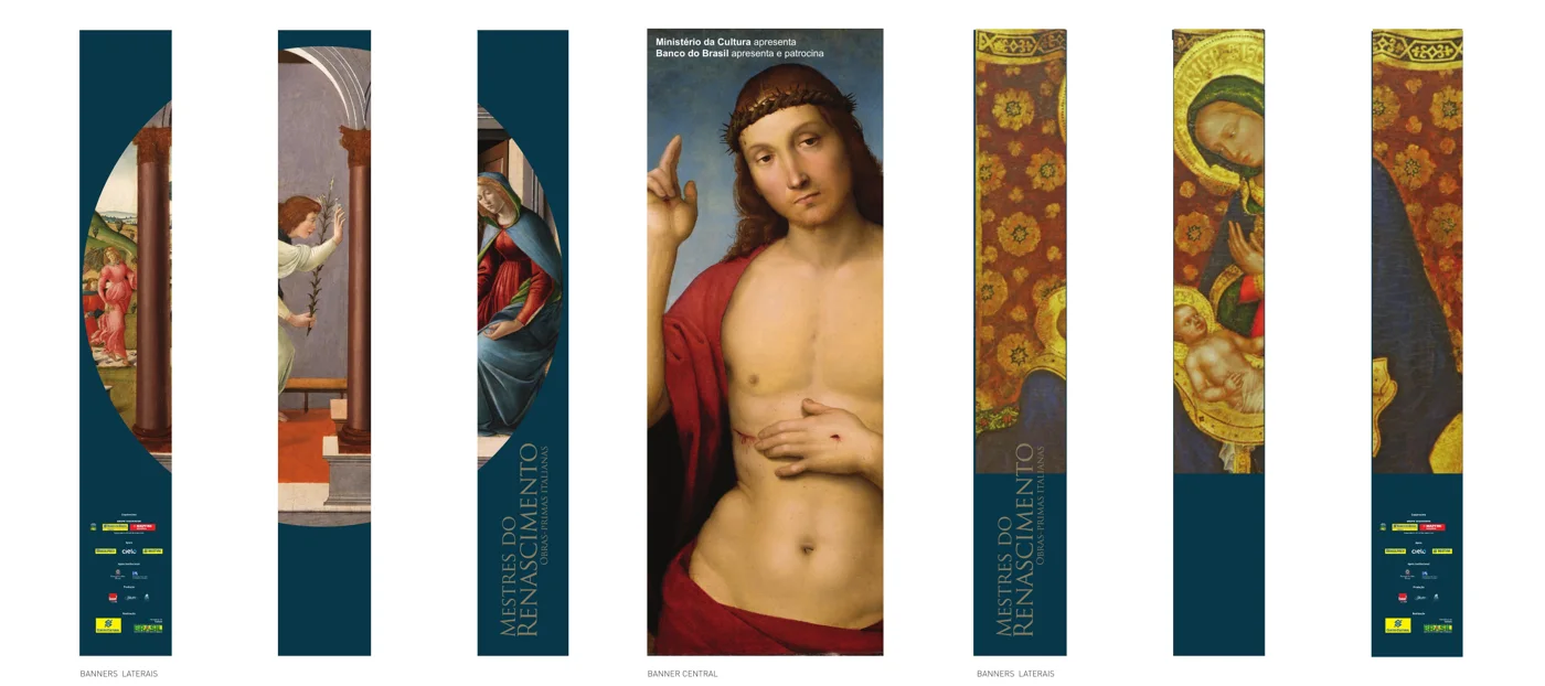 Banners dos núcleos da exposição